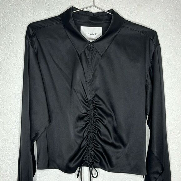NWT FRAME Cinch Front Long Sleeve Top Black Silk Large Revolve - Picture 4 of 16